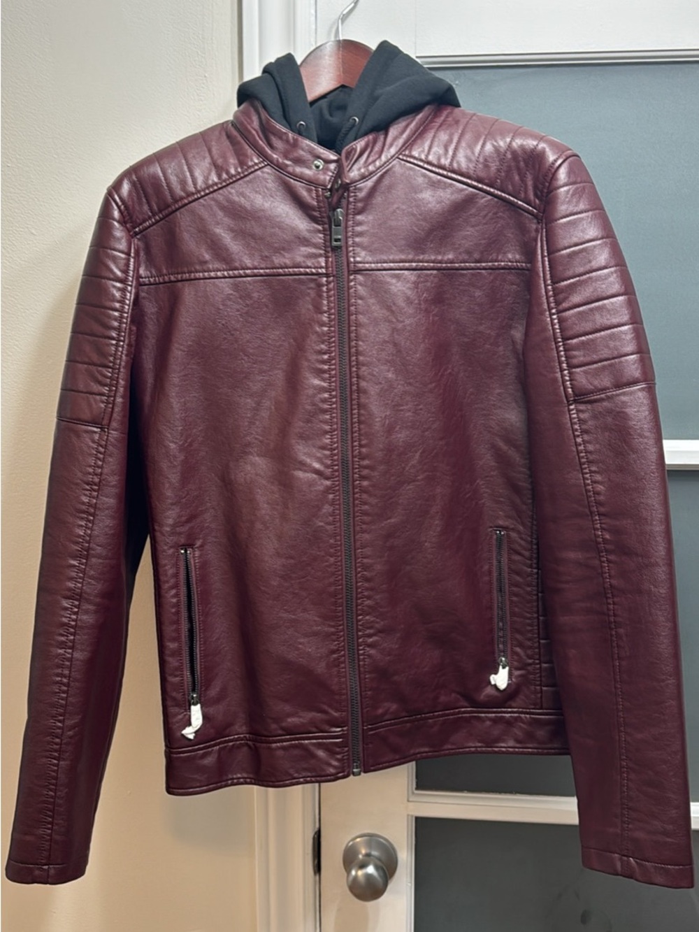 Men's Burgundy Faux Leather Moto Jacket